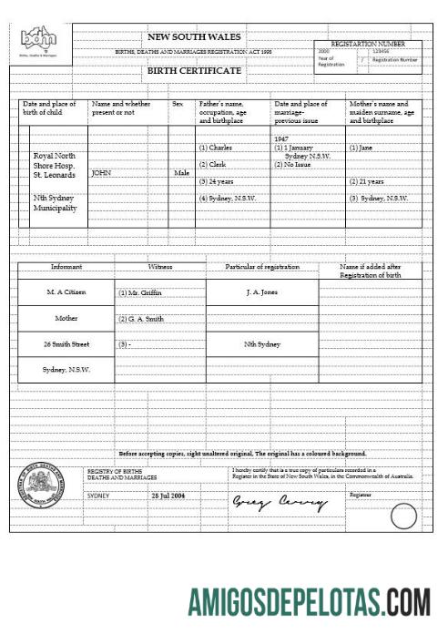 Em branco modelo de certidão de nascimento Austrália Nova Gales do Sul em formato Word, versão 1